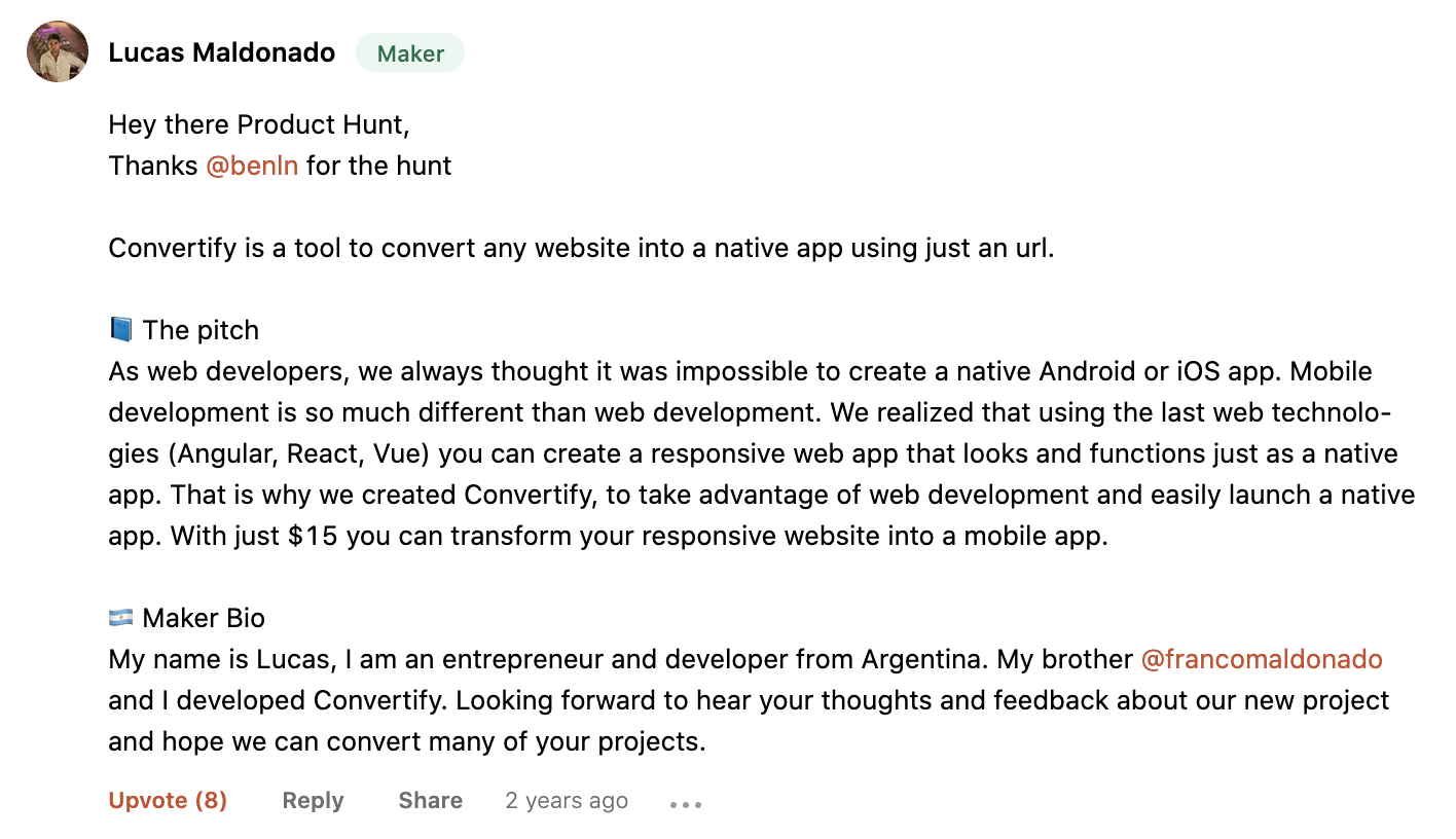 Convertify Product Hunt Comment